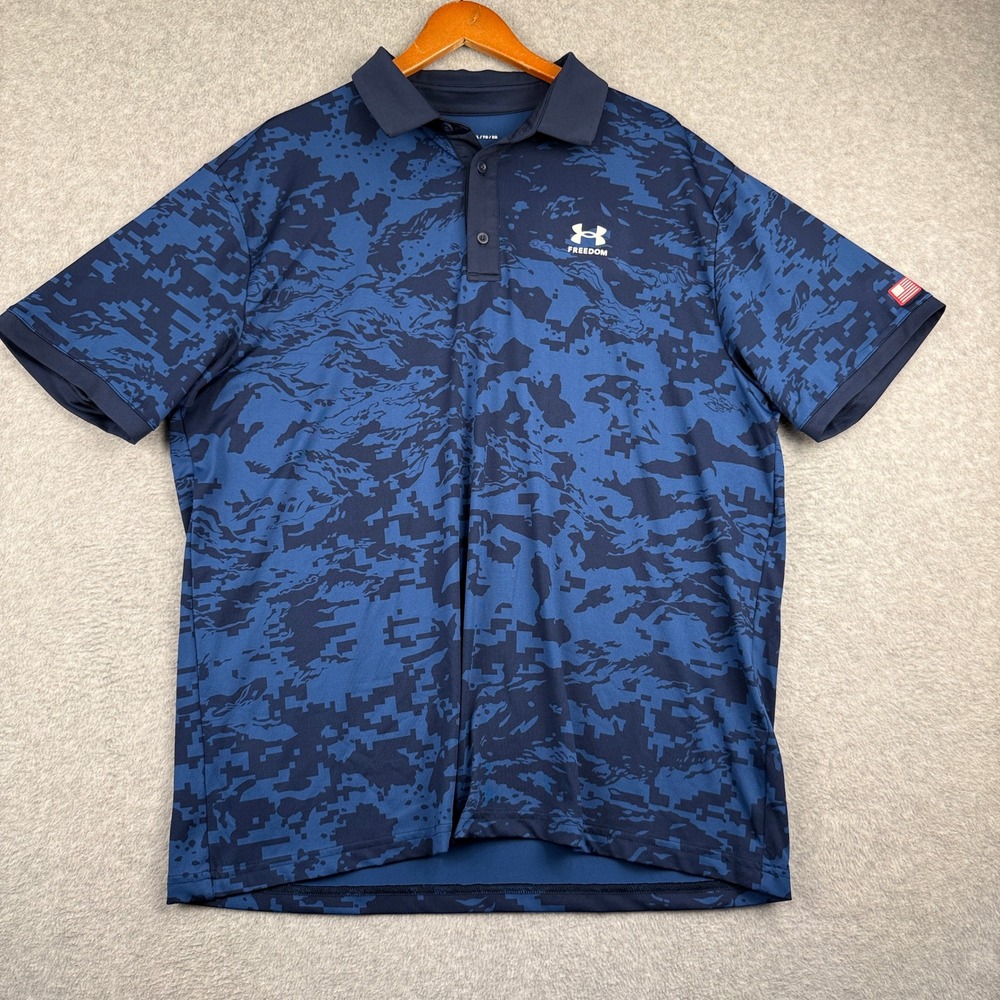 Under Armour Freedom Polo Shirt Mens XL Blue Digital Camo Polyester Blend